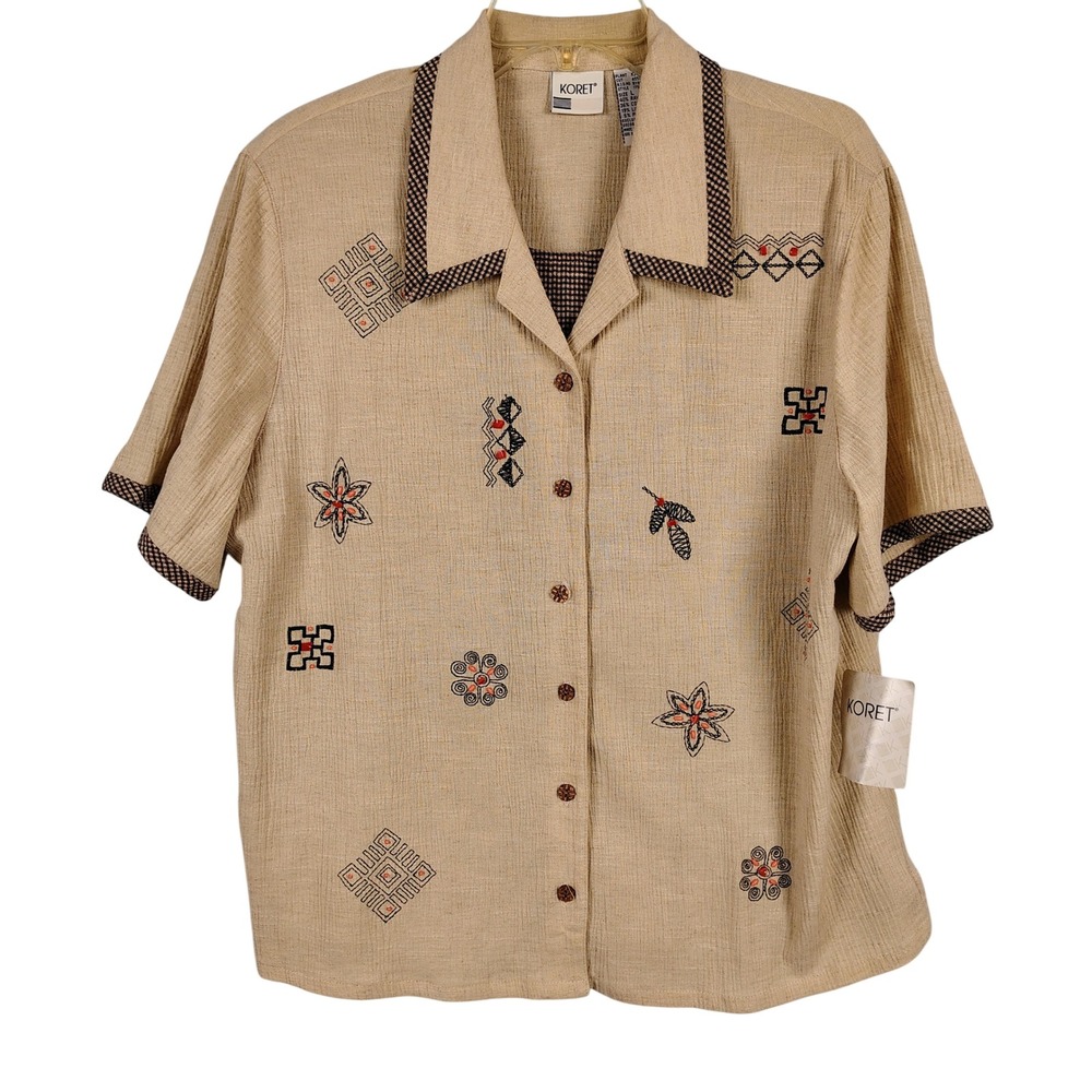 NWT Koret Womens L Casablanca Top Natural Linen Blend Embroidered Coastal Boho